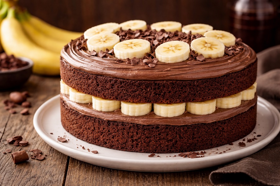 Imagem: Bolo de chocolate com camadas de banana Para este sábado que tal um delicioso bolo de chocolate com camadas de banana