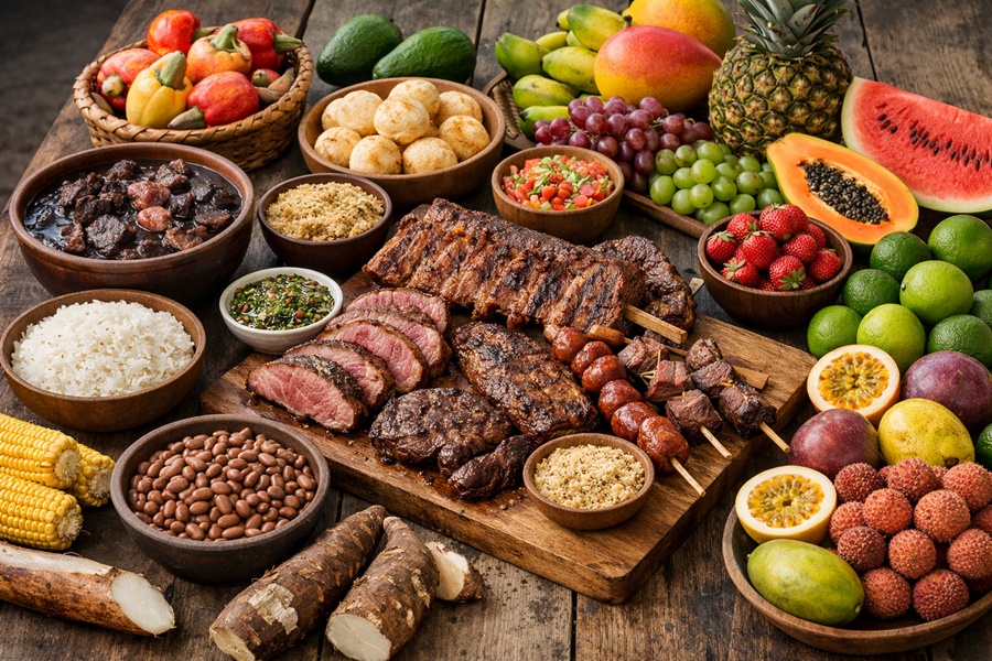 Imagem: Frutas graos e carne produzida no brasil mesa farta Acordo prevê eliminação de tarifas de importação de 77% dos produtos agropecuários produzidos no Brasil