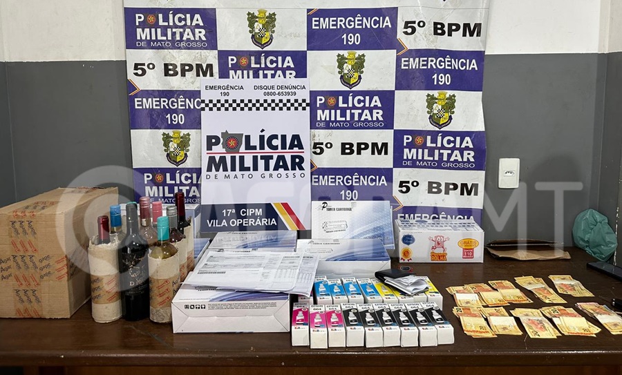 Imagem: Produtos apreendidos pela 17 CIPM Polícia Militar desarticula esquema de fraude com CPFs de terceiros e prende suspeitos em Rondonópolis