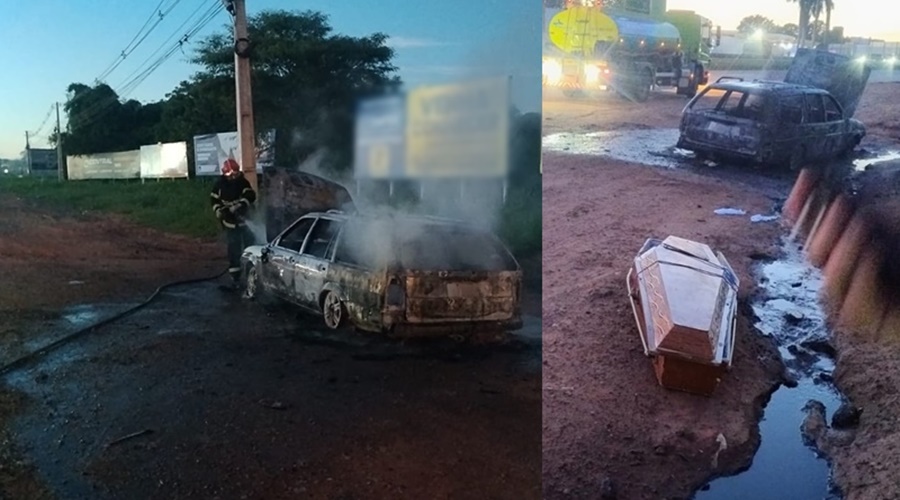 Imagem: ajdbvs Carro funerário pega fogo no Trevão de Rondonópolis durante translado de corpo Imagem: ajdbvs Carro funerário pega fogo no Trevão de Rondonópolis durante translado de corpo