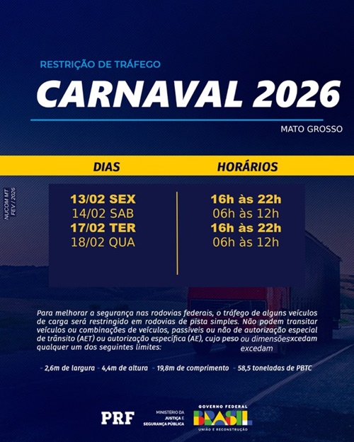 Imagem: OPERACAO CARNAVAL PRF Polícia Rodoviária Federal inicia Operação Carnaval 2026 em Mato Grosso nesta sexta-feira (13)