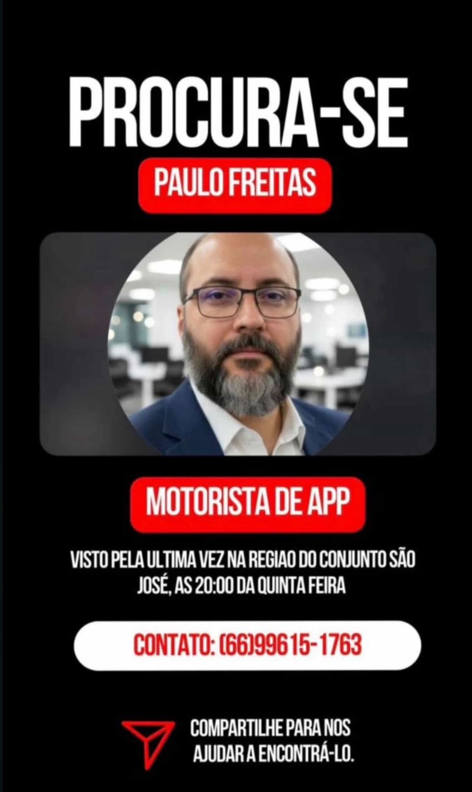 Imagem: WhatsApp Image 2026 02 06 at 15.12.27 EXCLUSIVO | Família faz apelo e pede ajuda para encontrar motorista de aplicativo desaparecido em Rondonópolis