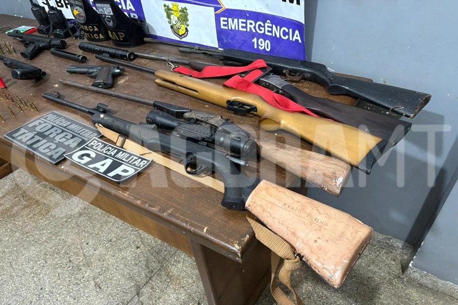Imagem: Arsenal localizado pela PM Ação conjunta da Força Tática e Grupo de Apoio da PM localiza arsenal ilegal e prende suspeito
