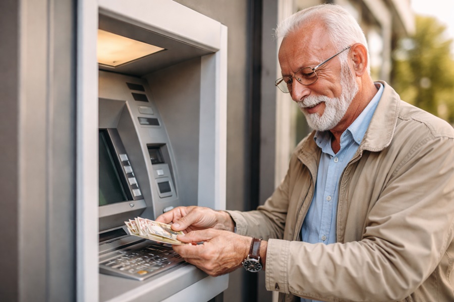 Imagem: Idoso sacando dinheiro Aposentados e pensionistas de Mato Grosso recebem 1º parcela do 13º do INSS a partir de abril