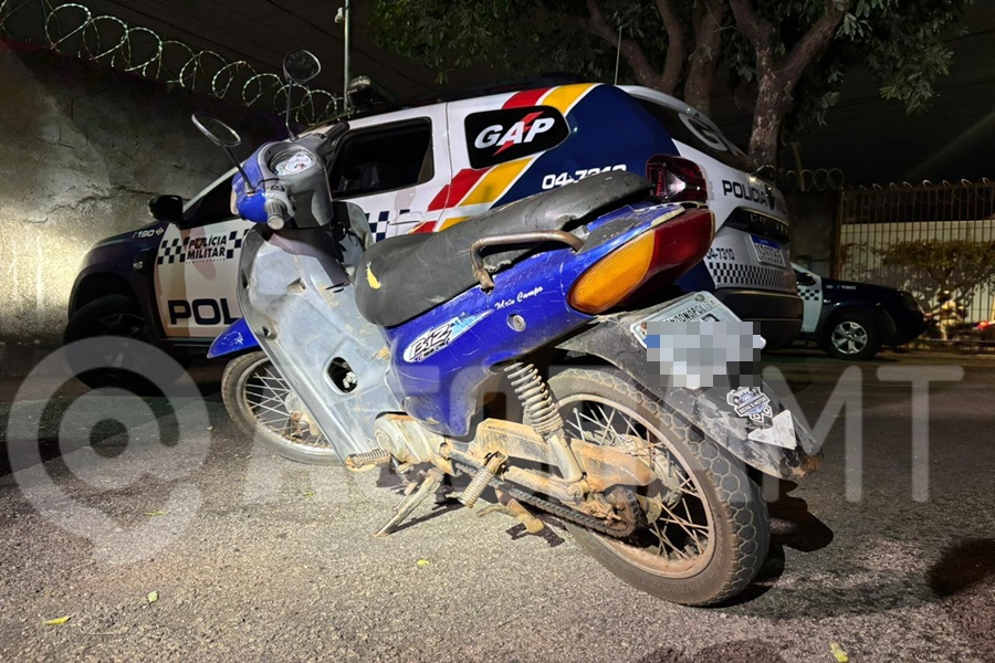 Imagem: Moto apreendida pela PM Grupo da Apoio da Polícia Militar prende tornozelado suspeito por receptação em Rondonópolis Imagem: Moto apreendida pela PM Grupo da Apoio da Polícia Militar prende tornozelado suspeito por receptação em Rondonópolis