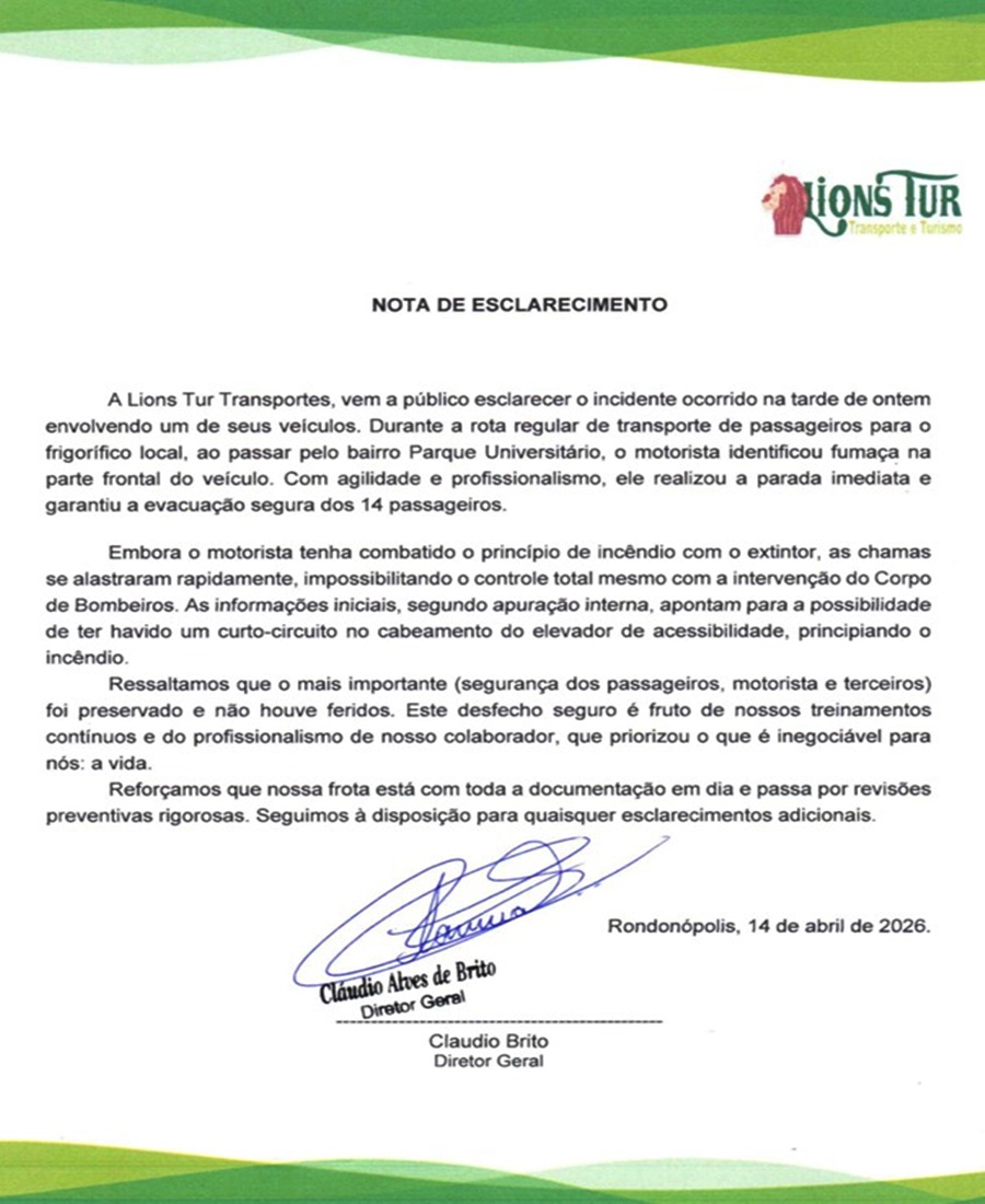 Imagem: nota lions tur Empresa se pronuncia após incêndio em micro-ônibus e reforça que passageiros saíram em segurança
