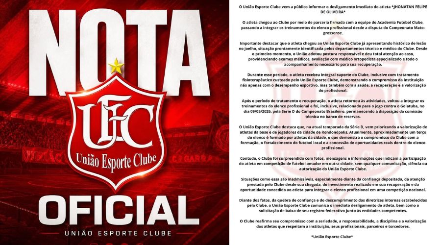Imagem: ENQUADRAMENTO SITE 4 3 União Esporte Clube anuncia desligamento imediato de atleta após suposta participação em campeonato amador