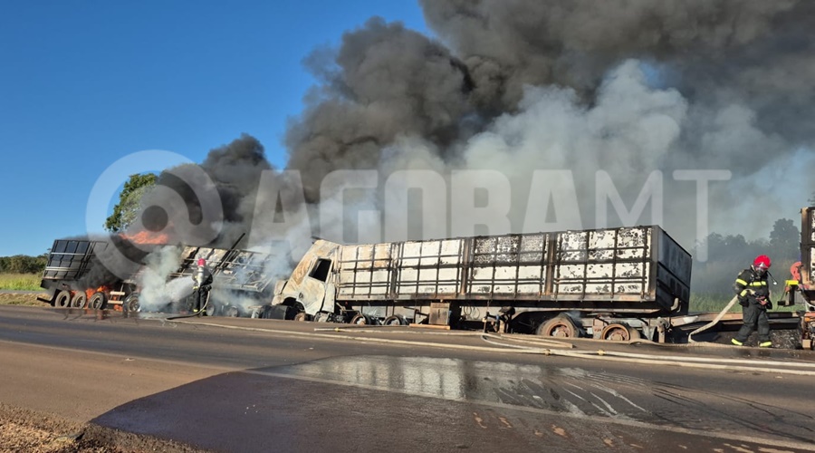 Imagem: advn Sequência de acidentes termina com caminhões em chamas e motorista preso às ferragens na BR-163 em Rondonópolis