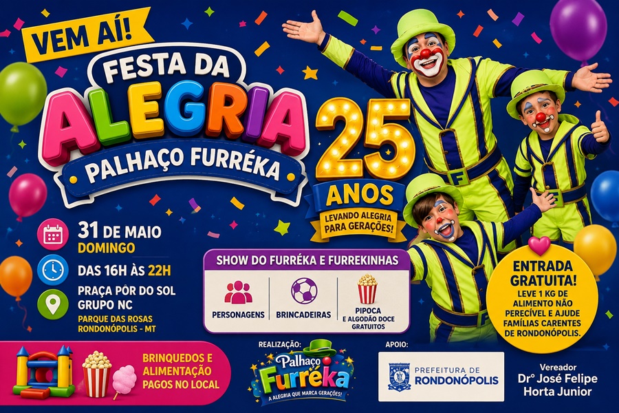 Imagem: akjdnv Palhaço Furréka celebra 25 anos de trajetória com mega festa infantil gratuita em Rondonópolis Imagem: akjdnv Palhaço Furréka celebra 25 anos de trajetória com mega festa infantil gratuita em Rondonópolis
