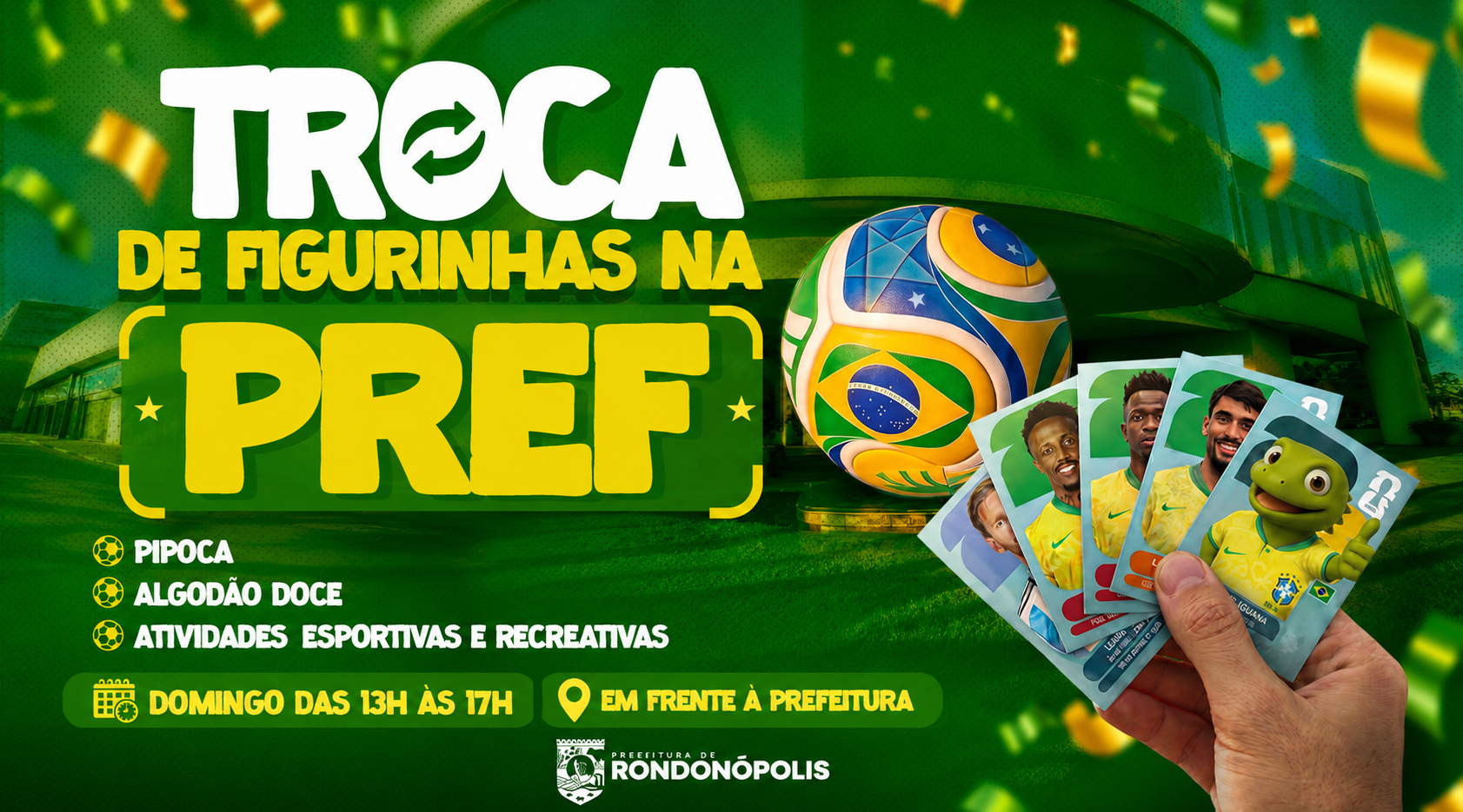 Imagem: ChatGPT Image 25 de jun. de 2026 11 19 15 Prefeitura de Rondonópolis divulga evento para troca de figurinhas e atrações gratuitas neste domingo Imagem: ChatGPT Image 25 de jun. de 2026 11 19 15 Prefeitura de Rondonópolis divulga evento para troca de figurinhas e atrações gratuitas neste domingo