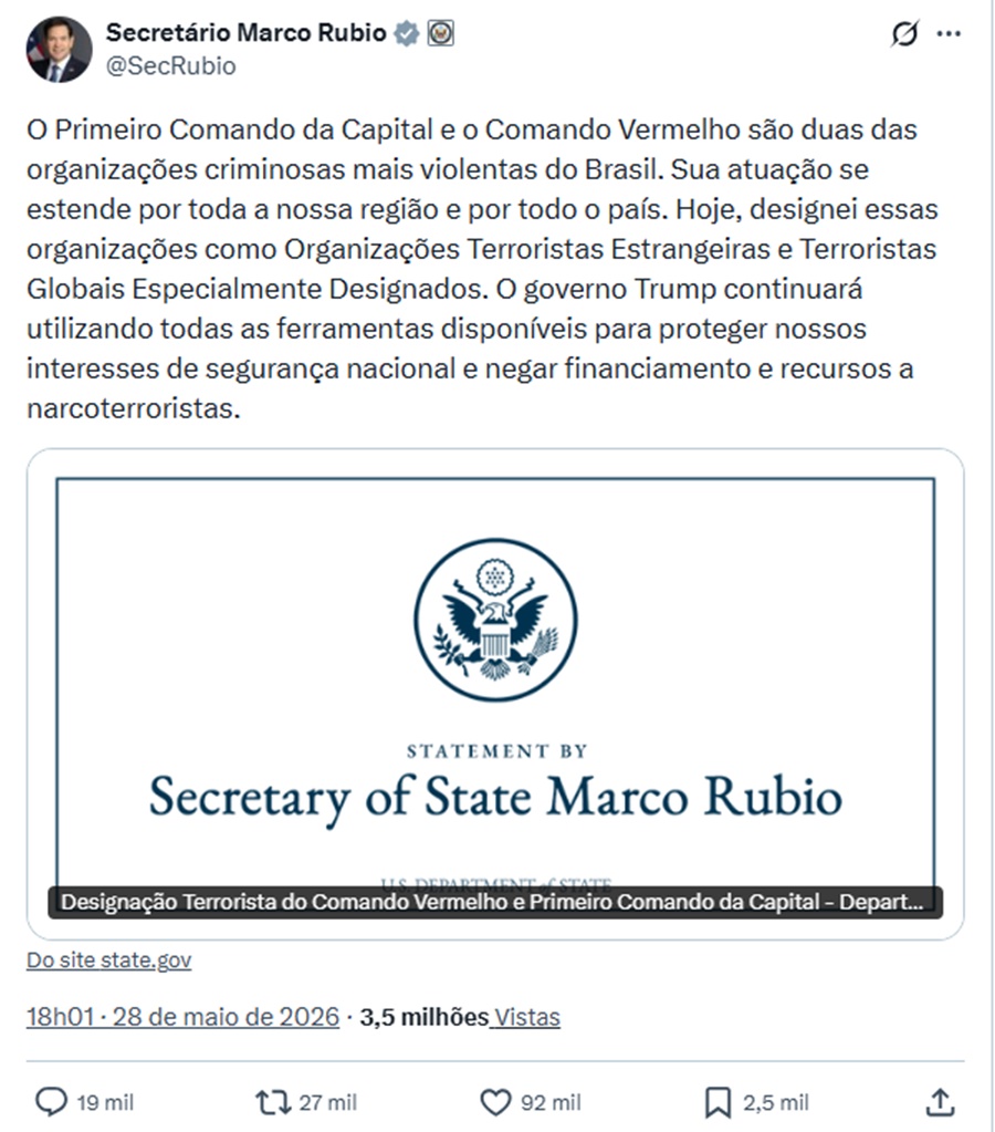 Imagem: akdv Estados Unidos classifica duas facções criminosas brasileiras como organizações terroristas; Lula critica decisão Imagem: akdv Estados Unidos classifica duas facções criminosas brasileiras como organizações terroristas; Lula critica decisão