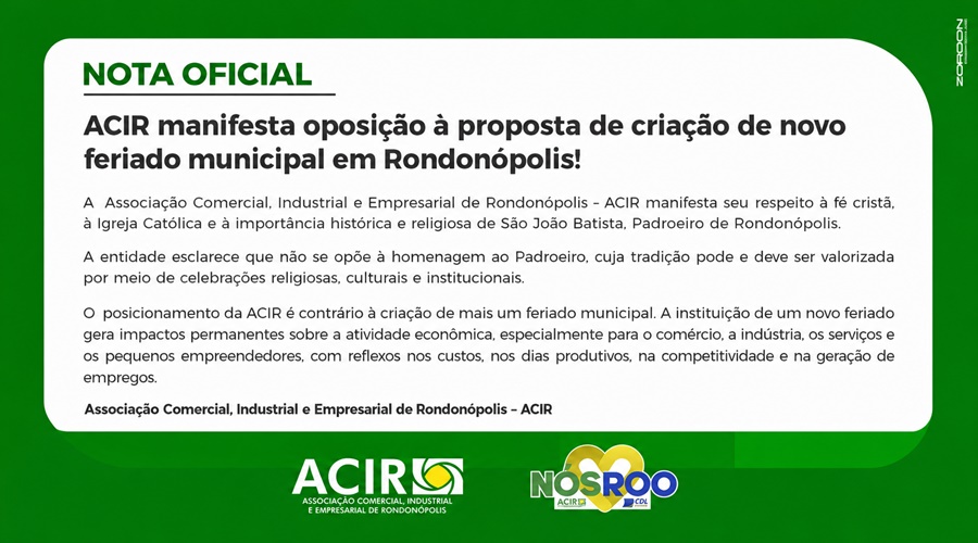 Imagem: nota Feriado de Padroeiro divide opiniões em Rondonópolis; ACIR e CDL apontam impactos e igreja defende potencial turístico Imagem: nota Feriado de Padroeiro divide opiniões em Rondonópolis; ACIR e CDL apontam impactos e igreja defende potencial turístico