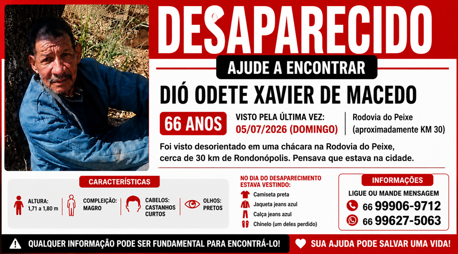 Imagem: 9 de jul. de 2026 11 07 24 Idoso desaparecido há cinco dias é visto desorientado na Rodovia do Peixe e família pede ajuda para encontrá-lo