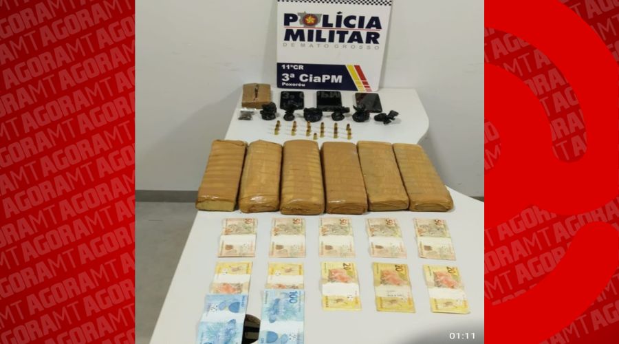 Imagem: ENQUADRAMENTO SITE 1 Trio é preso em flagrante com 6 kg de maconha e 19 munições durante ação da PM em Poxoréu