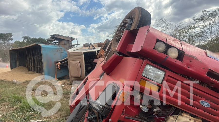 Imagem: WhatsApp Image 2026 07 17 at 14.16.54 Guincho que transportava caminhão carregado com farelo de milho tomba na MT-130 em Rondonópolis