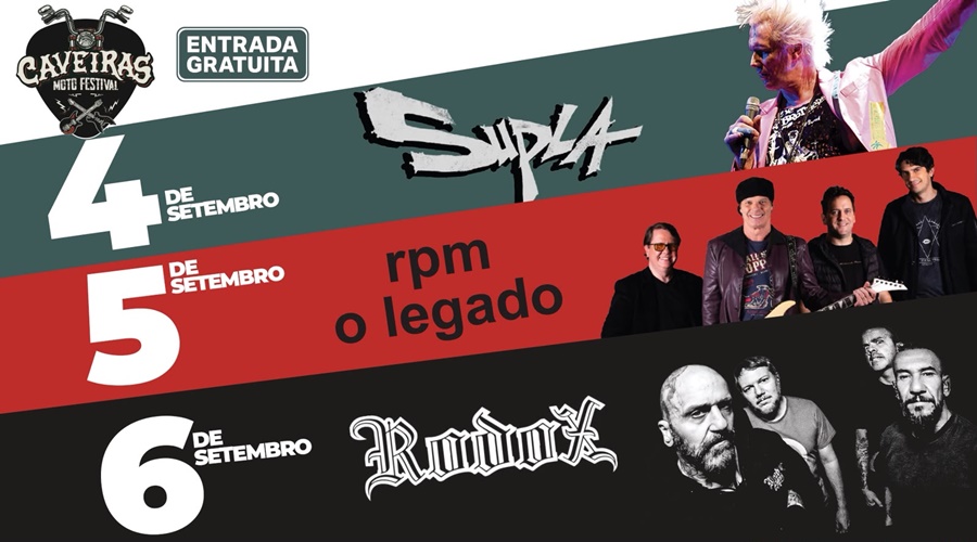 Imagem: CAVEIRAS MOTO FESTIVAL 2026 Supla, RPM, Rodox e shows regionais são destaque no 10º Caveiras Moto Festival em Rondonópolis Imagem: CAVEIRAS MOTO FESTIVAL 2026 Supla, RPM, Rodox e shows regionais são destaque no 10º Caveiras Moto Festival em Rondonópolis