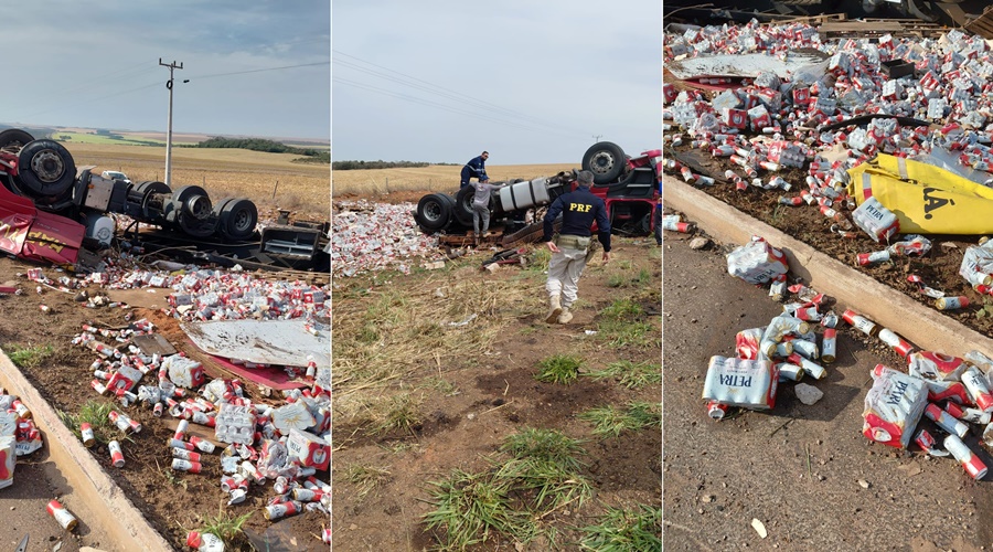 Imagem: carreta com cerveja tomabada Carreta carregada com fardos de cerveja capota e espalha carga na BR-364 em Alto Garças