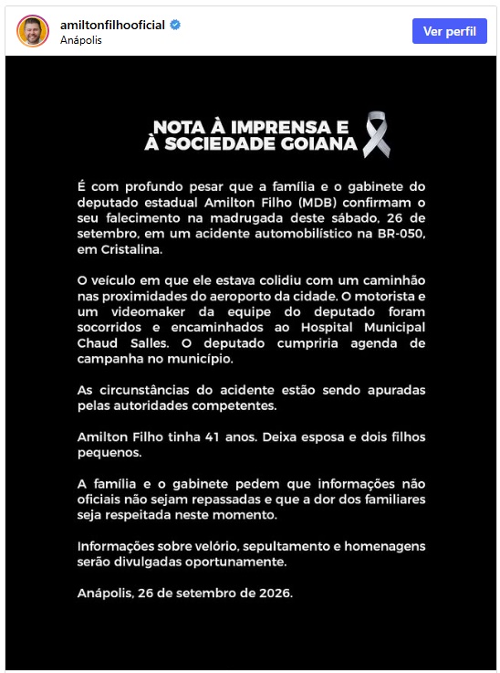 Imagem: NOTA Deputado estadual de Goiás morre em acidente de carro em meio à campanha Imagem: NOTA Deputado estadual de Goiás morre em acidente de carro em meio à campanha