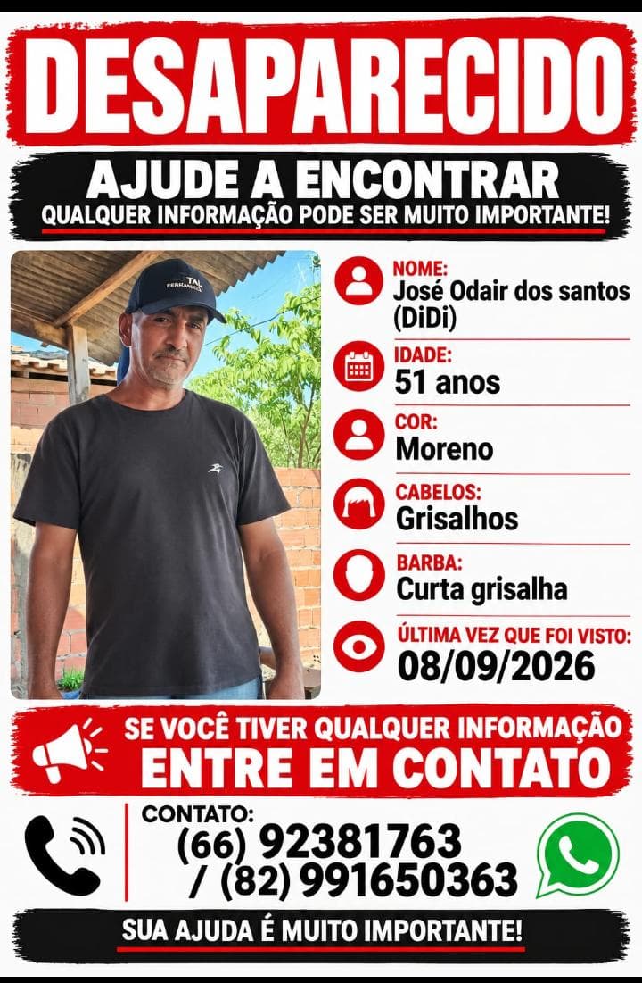 Imagem: WhatsApp Image 2026 09 23 at 17.17.33 Morador de Rondonópolis está desaparecido e foi visto por familiares pela última vez no início de setembro Imagem: WhatsApp Image 2026 09 23 at 17.17.33 Morador de Rondonópolis está desaparecido e foi visto por familiares pela última vez no início de setembro