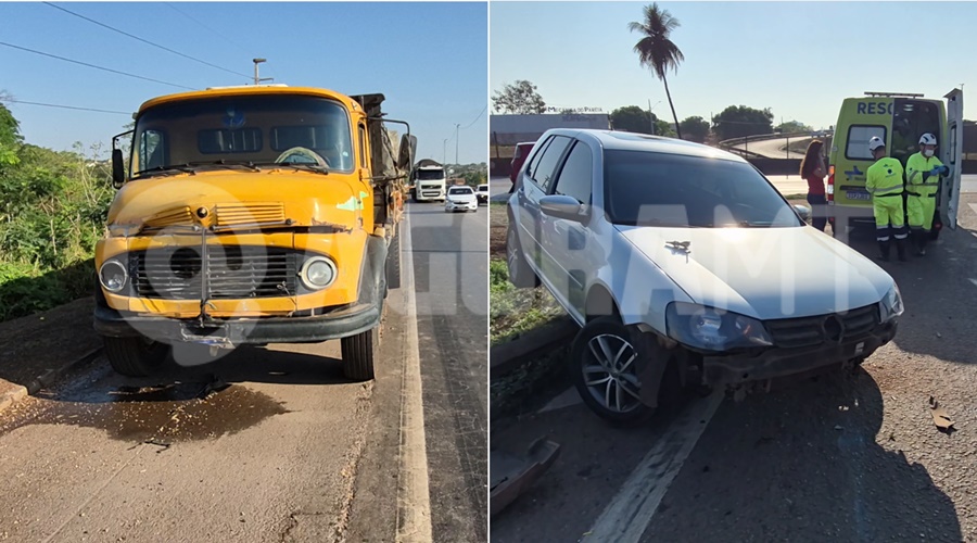 Caminhão perde o freio no viaduto da Médici, atinge carro e só para 3 km depois em Rondonópolis
