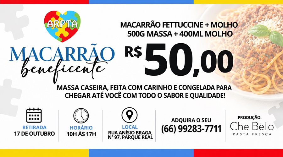 ARPTA realiza venda de macarrão beneficente em Rondonópolis, MT